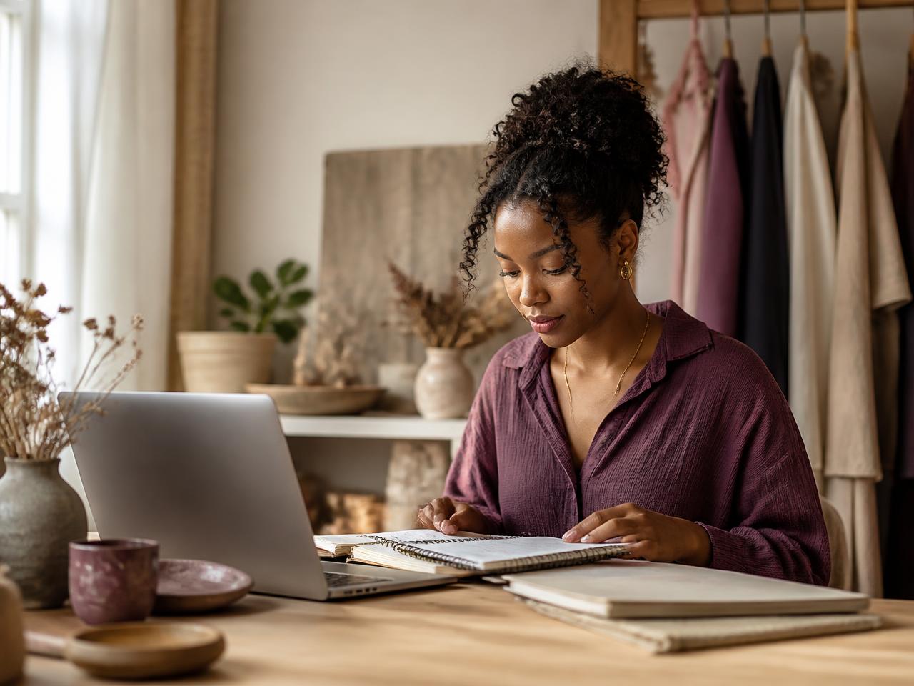 A small-business owner reviewing her records at a desk